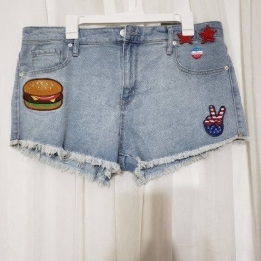 Mossimo High Rise Distressed Hamburger Patch Peace Sign #76 Denim Shorts